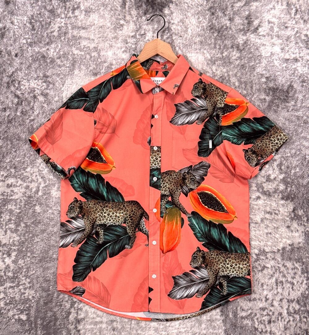 Mavrans Shirt Large Mens Pink Fruit Leopard Cheetah Print Short Sleeve